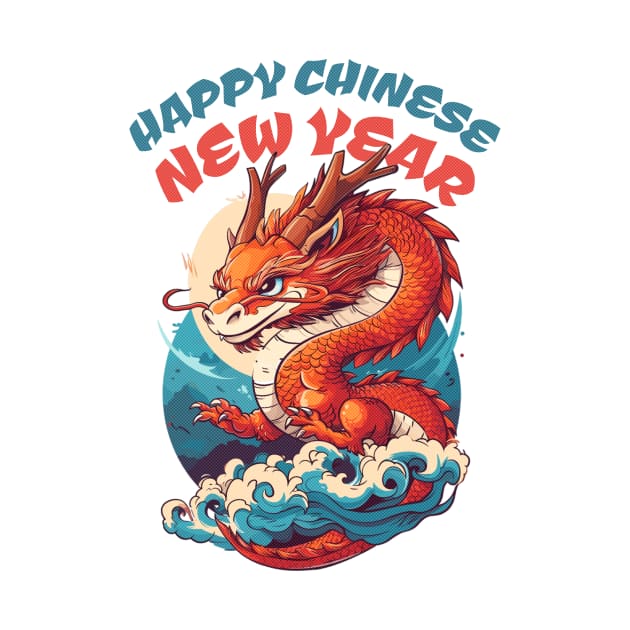 Happy Chinese New Year: Playful Little Dragon in Orange, Red, and Blue by YUED