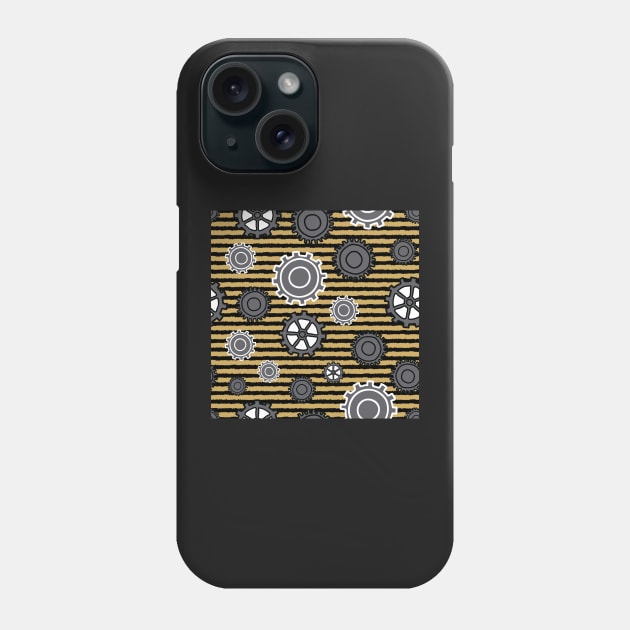 Modern Gears on Yellow and Black striped background Phone Case by MegMarchiando