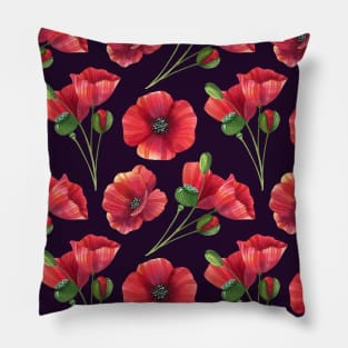 Botanical Floral Seamless pattern -red poppies Pillow