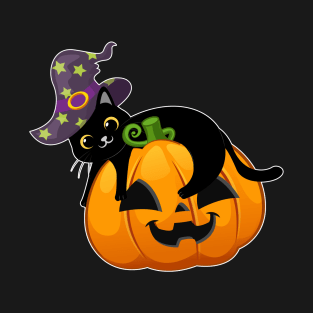 Lazy Black Cat Pumpkin Wear Witch Hat For Halloween 2021 T-Shirt