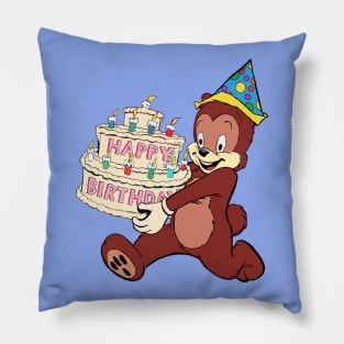 A Happy Bear Wearing A Party Hat and Carrying A HUGE Birthday Cake Pillow