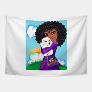 Girl with Afro hair cuddles puppy dog ii, Cavapoo puppy dog, cute Cavoodle, Cavapoo, Cavalier King Charles Spaniel Tapestry