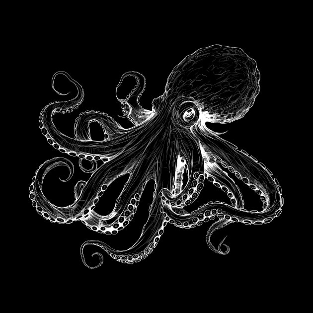 Fine octopus octopus illustration in white by Unelmoija