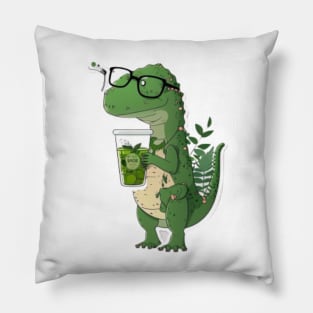 Green T-rex drinking tea Illustration Pillow