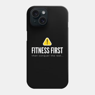 FITNESS FIRST then conquer the rest... (DARK BG)| Minimal Text Aesthetic Streetwear Unisex Design for Fitness/Athletes | Shirt, Hoodie, Coffee Mug, Mug, Apparel, Sticker, Gift, Pins, Totes, Magnets, Pillows Phone Case