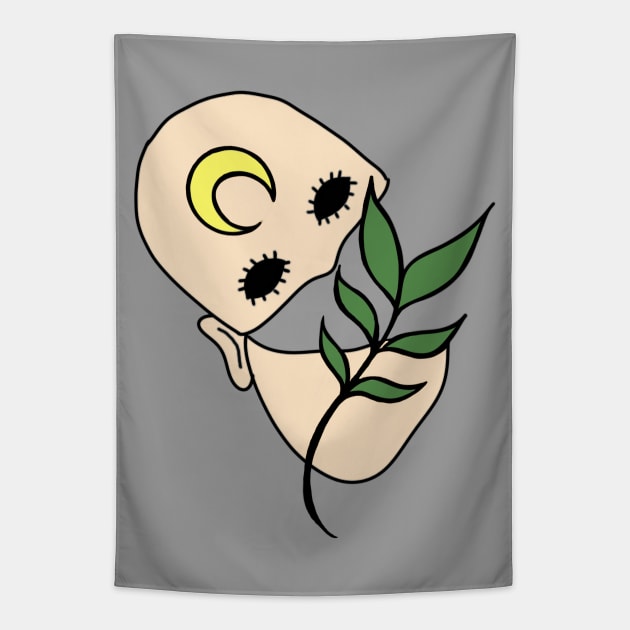 Surreal Black Eyed Plant Person with Crescent Moon Face Tattoo Tapestry by Tenpmcreations