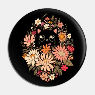 Cute black cat with Boho wildflowers Pin