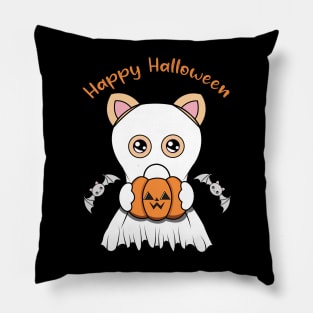 Happy Halloween Cute ghost Cat, Kawaii black cat with pumpkin Pillow