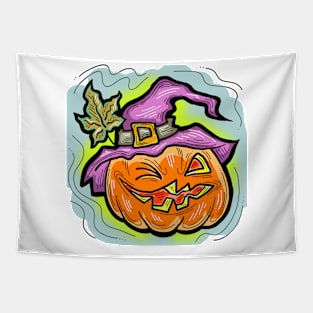 Scary Halloween pumpkin monster face head. Tapestry