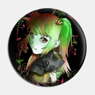 Green witch girl with black kitten for anime fans Pin