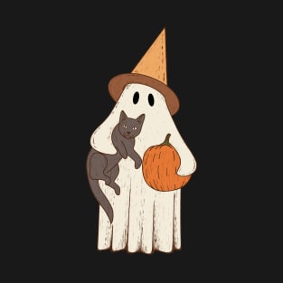 Vintage Ghost with Cat Halloween Graphic T-Shirt