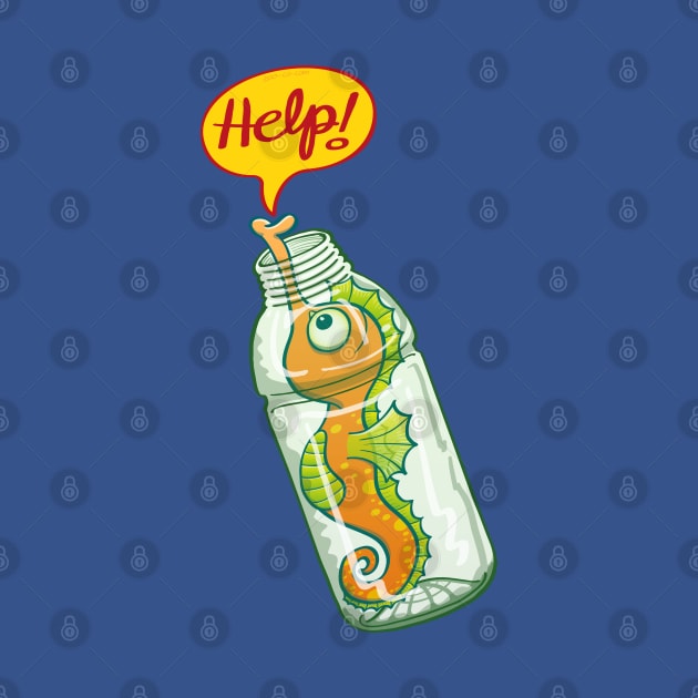 Worried seahorse trapped in a plastic bottle asking for help by zooco