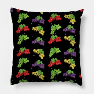 Colorful Grape Pattern on Black Background Pillow