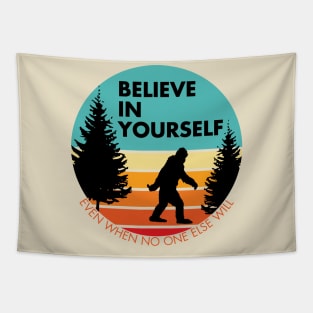 Bigfoot... Believe in Yourself | Block Font | Dawn | Black Silhouette Tapestry