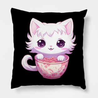 Kitty Cat Eating Ramen Japanese Kawaii Anime Pillow