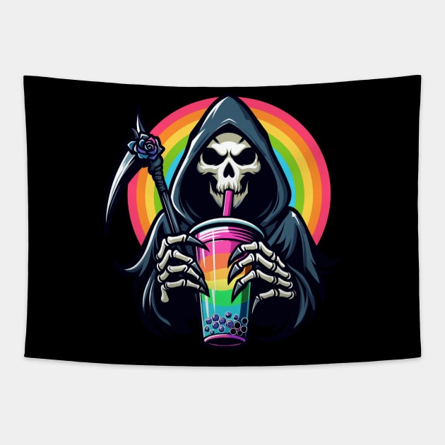 Reaper Drinking Bubble Tea Tapestry by Kawaii N Spice