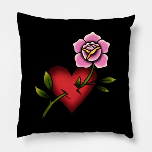 Pink Rose Red Heart Traditional Tattoo Pillow