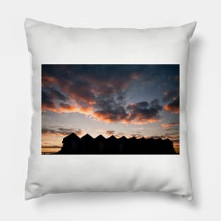 Silhouetted Beach Huts at Blyth (2) Pillow