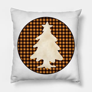 Christmas tree silhouette over a black and orange tile pattern Pillow