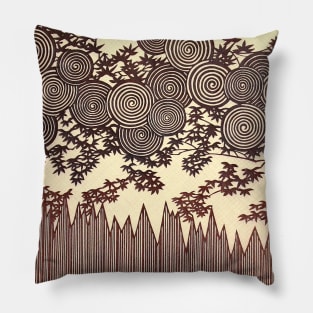 SWIRLS ,LEAVES AND STRIPES Ivory Sepia Brown Geometric Japanese Floral Pillow