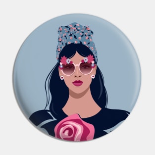 Trendy female portrait in sunglasses with flowers Pin