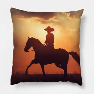 Lone cowboy at sunset, End of a cowboy film design Pillow