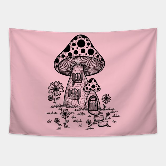 Cottagecore Mushroom House Tapestry by Dandelion Dystopia