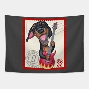 Cute Doxie playing guitar on vintage postage stamp Tapestry