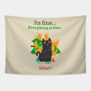 Everything is fine, I'm fine, what? Cat with burning christmas tree Tapestry