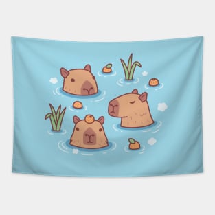 Cute Capybaras Chilling In Hot Spring With Oranges Tapestry