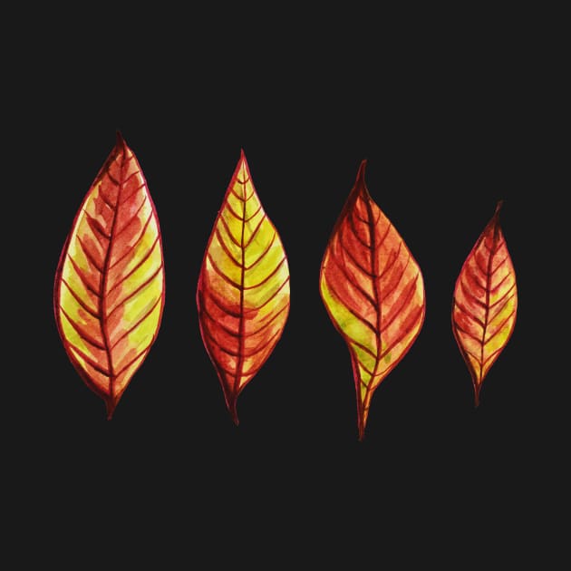 Four Red Yellow Watercolor Painted Autumn Leaves by Boriana Giormova