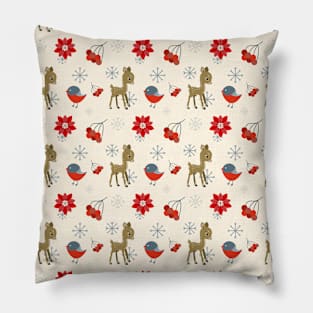 Little deer, bullfinch bird, red rowan berries and poinsettia Pillow