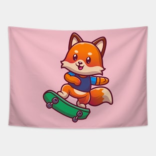 Cute Fox Playing Skateboard Cartoon Tapestry