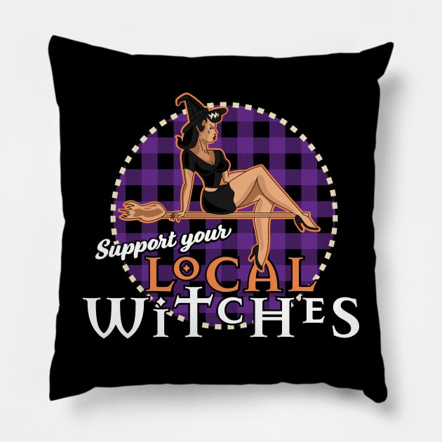 Support Your Local Witches - Halloween Witch Purple Plaid Pillow by OrangeMonkeyArt