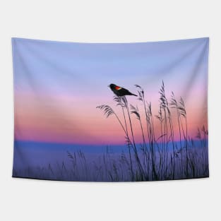 Red Winged Blackbird and Evening Sky Tapestry