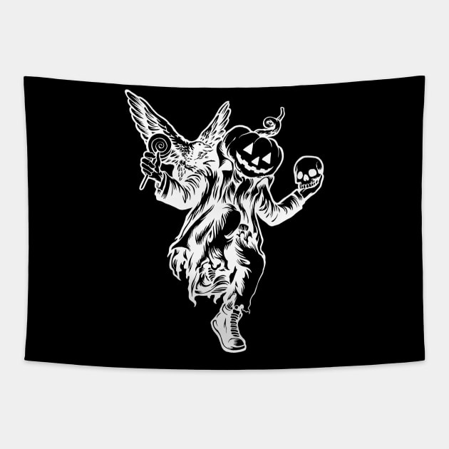 Punk Jack O Lantern Dancing Halloween Pumpkin with Crow White Tapestry by PUFFYP