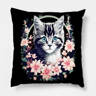 Black and Grey Kitten Surrounded by Spring Flowers Pillow