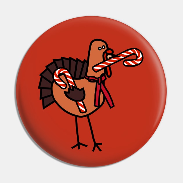 Thanksgiving Turkey Holding Christmas Candy Cane Pin by ellenhenryart