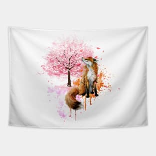 Cherry Tree And Fox Watercolor Tapestry