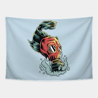 Fish wearing gas mask in polluted water Tapestry