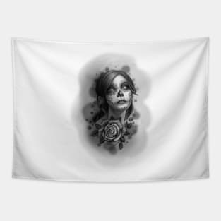 Day of the Dead Girl Black and White Pencil Sketch Tapestry