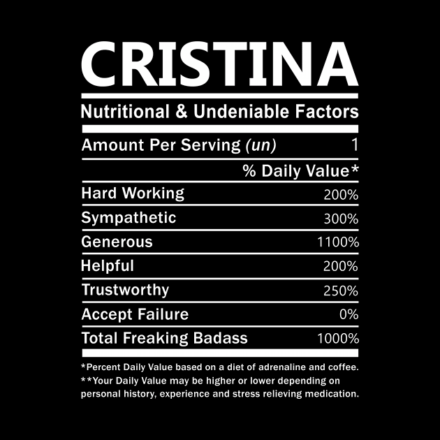 Cristina Name T Shirt - Cristina Nutritional and Undeniable Name Factors Gift Item Tee by nikitak4um