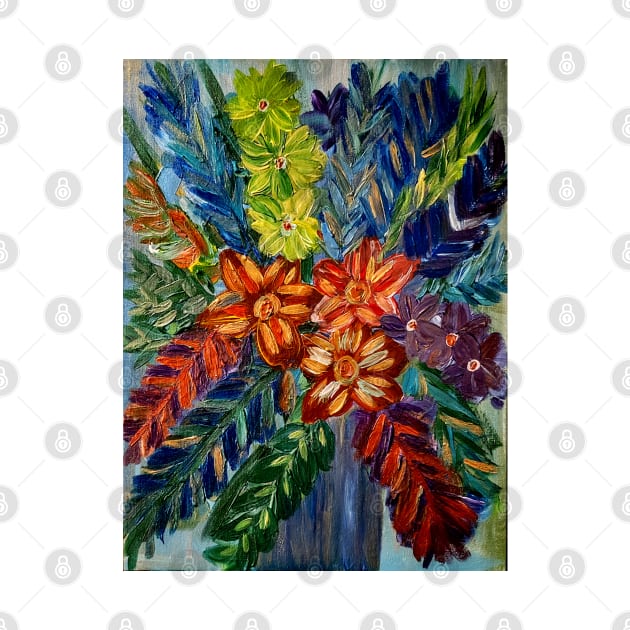 abstract mixed flowers in metallic blue vase by kkartwork