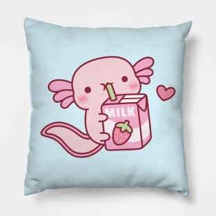 Cute Axolotl Drinking Strawberry Milk Pillow