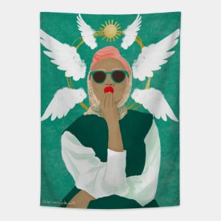 Angel Kiss | Woman Wearing Sunglasses and Headscarf with Golden Halo and Angel Wings Tapestry