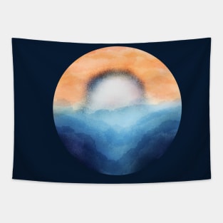 Vibrant Moon Rising Over The Mountains and Waves Abstract Digital WaterColor Art Tapestry