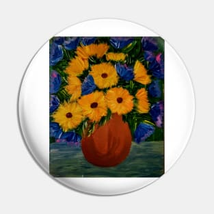 Some blue flowers and sunflowers in a bronze vase Pin