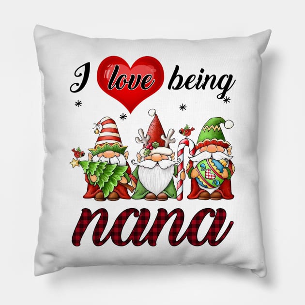 I Love Being Nana Gnomes Red Plaid Pillow by Jenna Lyannion