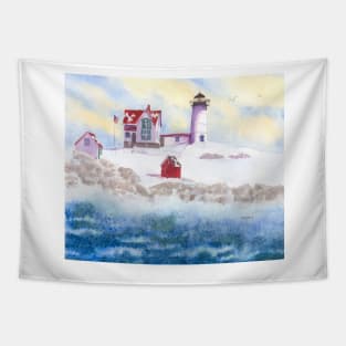 Christmas Card Watercolor Winter at Nubble Lighthouse in Maine Tapestry