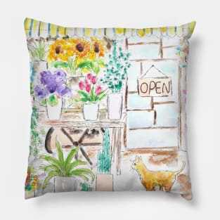 flower shop and cat ink and watercolor Pillow